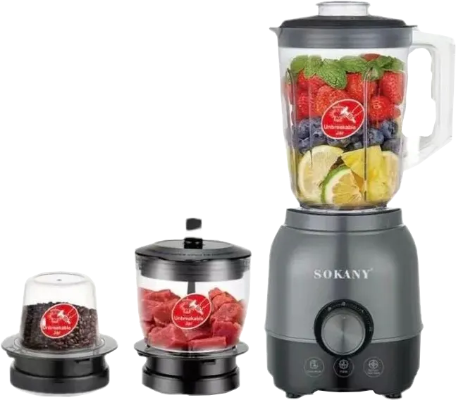 Sokany Electric Blender, 1500 Watts, 1.6 Liters, with Grinder and Chopper, Gray, SK-03062N (with Elmaghraby Warranty)