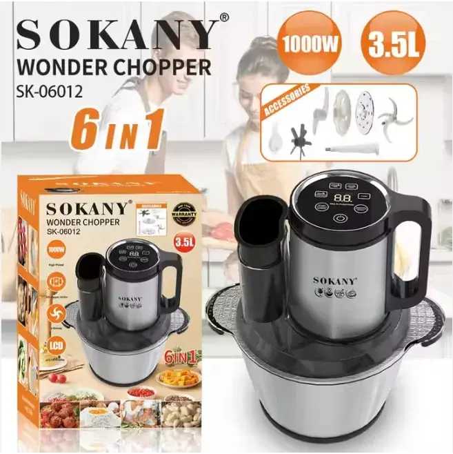 Sokany Digital Chopper, 1000 Watts, 3.5 Liters, 6 in 1, Stainless Steel, SK-06012N (with Elmaghraby Warranty)