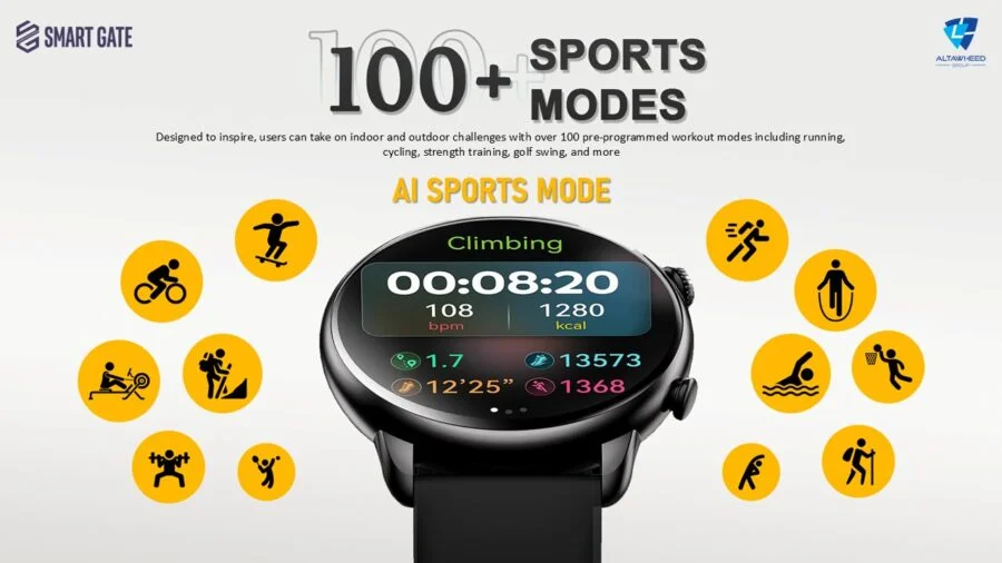 ساعة ذكية SGW-Ultra من Smart Gate، شاشة لمس AMOLED مقاس 1.43 بوصة، بلوتوث V5.2، مقاومة للماء IP68، بطارية 280 مللي أمبير-ساعة، لون أسود