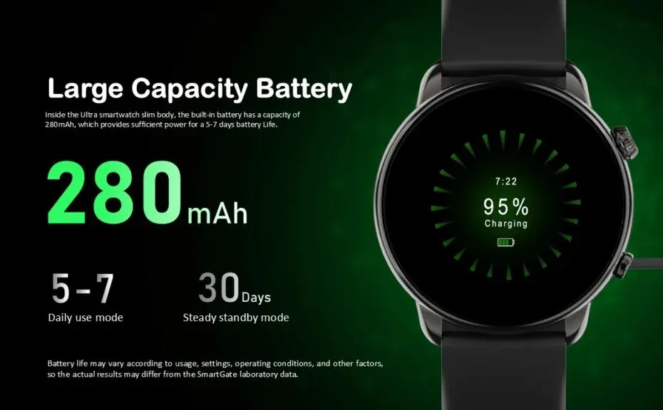 ساعة ذكية SGW-Ultra من Smart Gate، شاشة لمس AMOLED مقاس 1.43 بوصة، بلوتوث V5.2، مقاومة للماء IP68، بطارية 280 مللي أمبير-ساعة، لون أسود