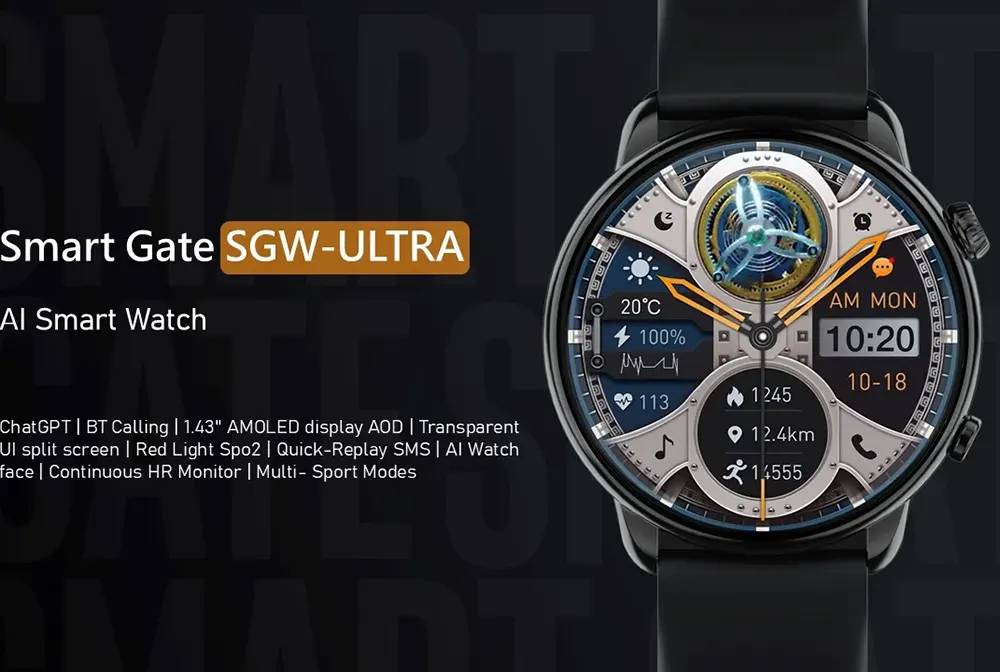 ساعة ذكية SGW-Ultra من Smart Gate، شاشة لمس AMOLED مقاس 1.43 بوصة، بلوتوث V5.2، مقاومة للماء IP68، بطارية 280 مللي أمبير-ساعة، لون أسود
