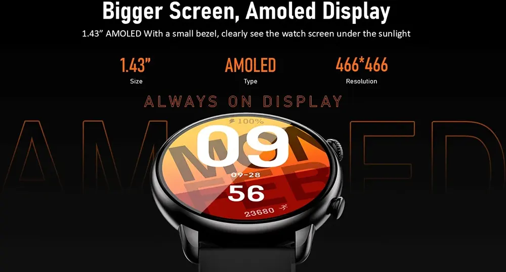 ساعة ذكية SGW-Ultra من Smart Gate، شاشة لمس AMOLED مقاس 1.43 بوصة، بلوتوث V5.2، مقاومة للماء IP68، بطارية 280 مللي أمبير-ساعة، لون أسود