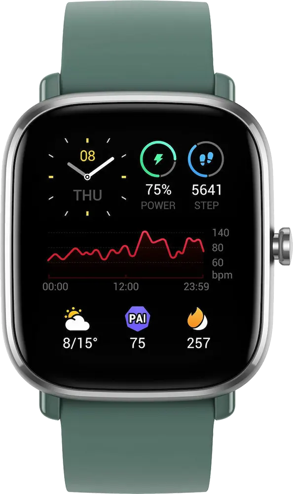 ساعة أمازفيت الذكية جي تي إس 2 ميني، شاشة لمس أموليد 1.55 بوصة، مقاومة للماء حتى عمق 5 أمتار، بطارية 220 مللي أمبير-ساعة، لون أخضر
