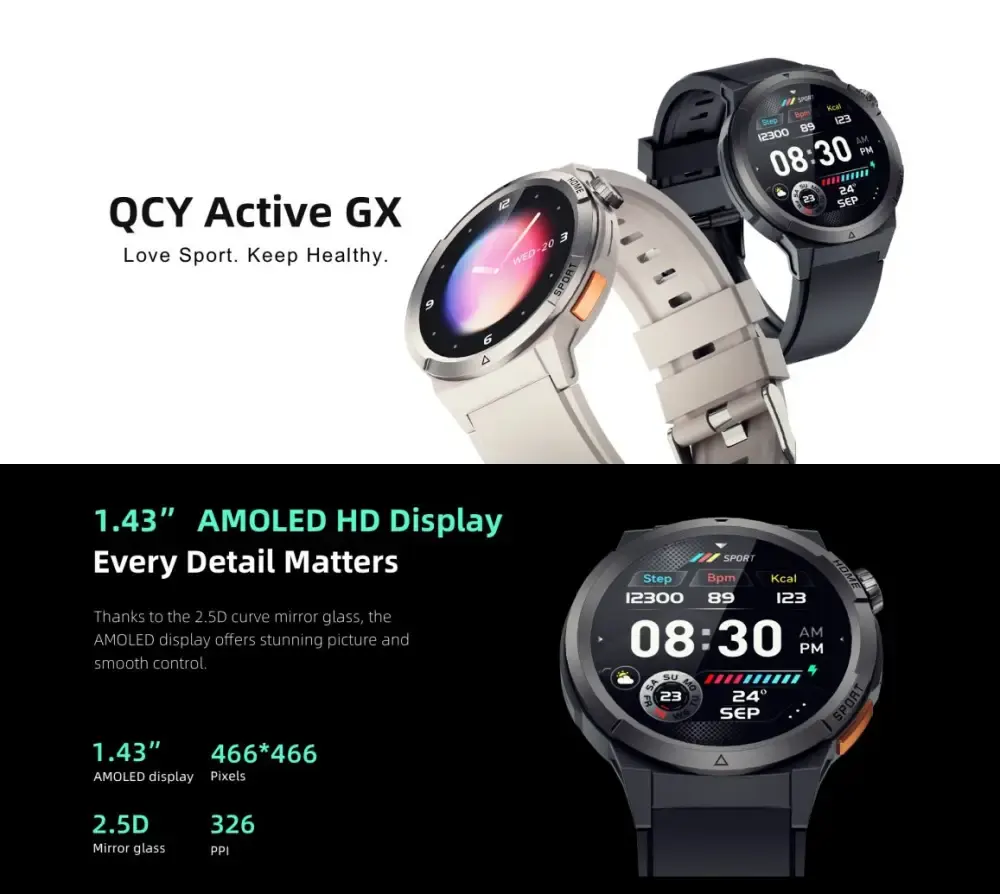 ساعة سمارت كيو سي واي ACTIVE GX، شاشة أموليد 1.43 بوصة، مقاومة ip68، وقت تشغيل 7 أيام ، رمادي