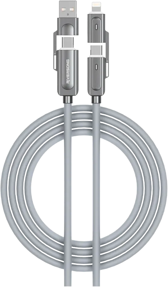 Riversong Hercules C7 Fast Charging Cable, 66W Charging Power, 2 Type-C Connectors, 1 Type-A Connector, 1 Lightning Connector, Gray, CT63