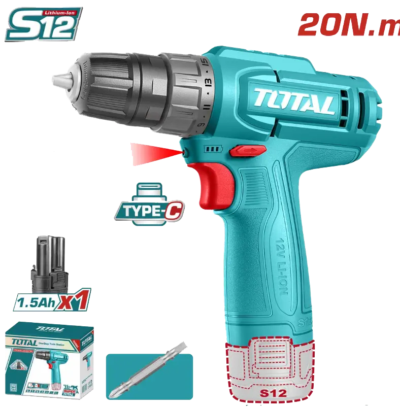 Total Tools Cordless Drill, 12V, with 1 Type-C Battery  20Nm, TDLI12456