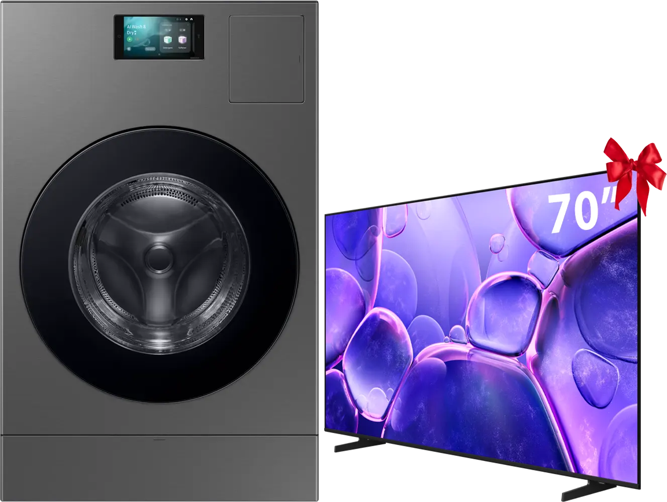 Samsung Fully Automatic Front Load Washing Machine, 25 kg, 15 kg Dryer, 1100 RPM, Inverter, Steam, 7" LCD Touch Screen, Wi-Fi Connection, Grey, WD25DB8995BZ + Samsung Crystal UHD 70 Inch For Free