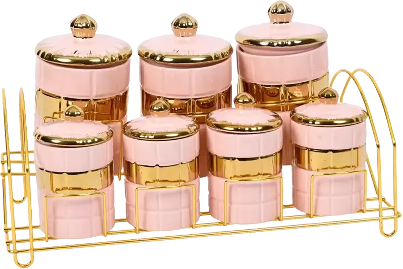 طقم توابل بورسلين 7 قطع مع حامل معدني، بينك* ذهبي، موديل 873