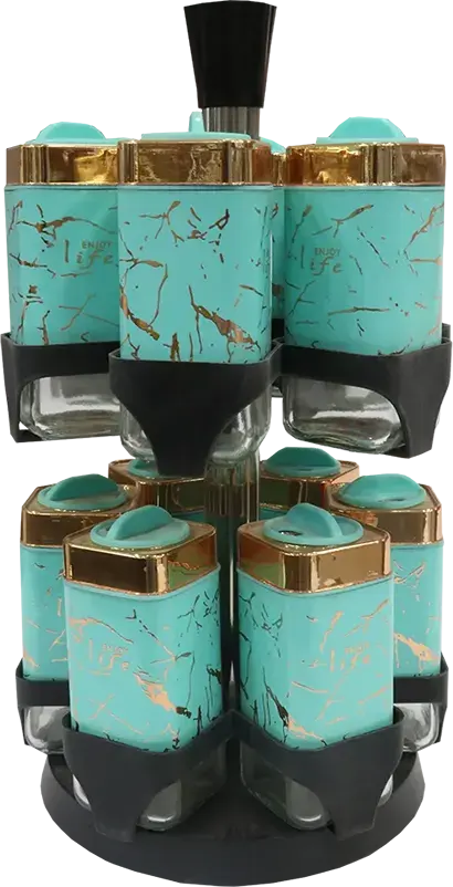 طقم توابل دوار ماربل مربع 11 قطعة + استاند ، 2 دور، رخام ، تركواز