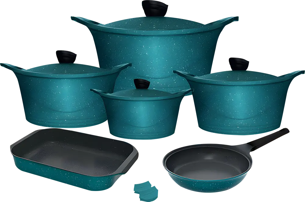 طقم حلل جلوري، 12 قطعة، سُمك 4 مللي، مقاومة للخدش، لون أخضر