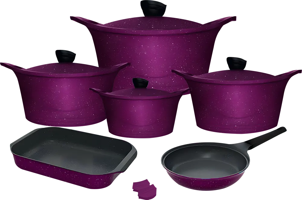Glory Cookware Set, 12 Pieces, 4mm Thick, Scratch Resistant, Dark Purple