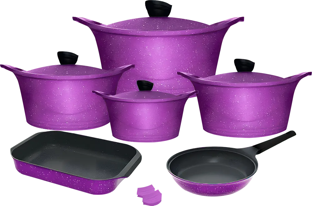 طقم حلل جلوري، 12 قطعة، سُمك 4 مللي، مقاومة للخدش، لون بنفسجي