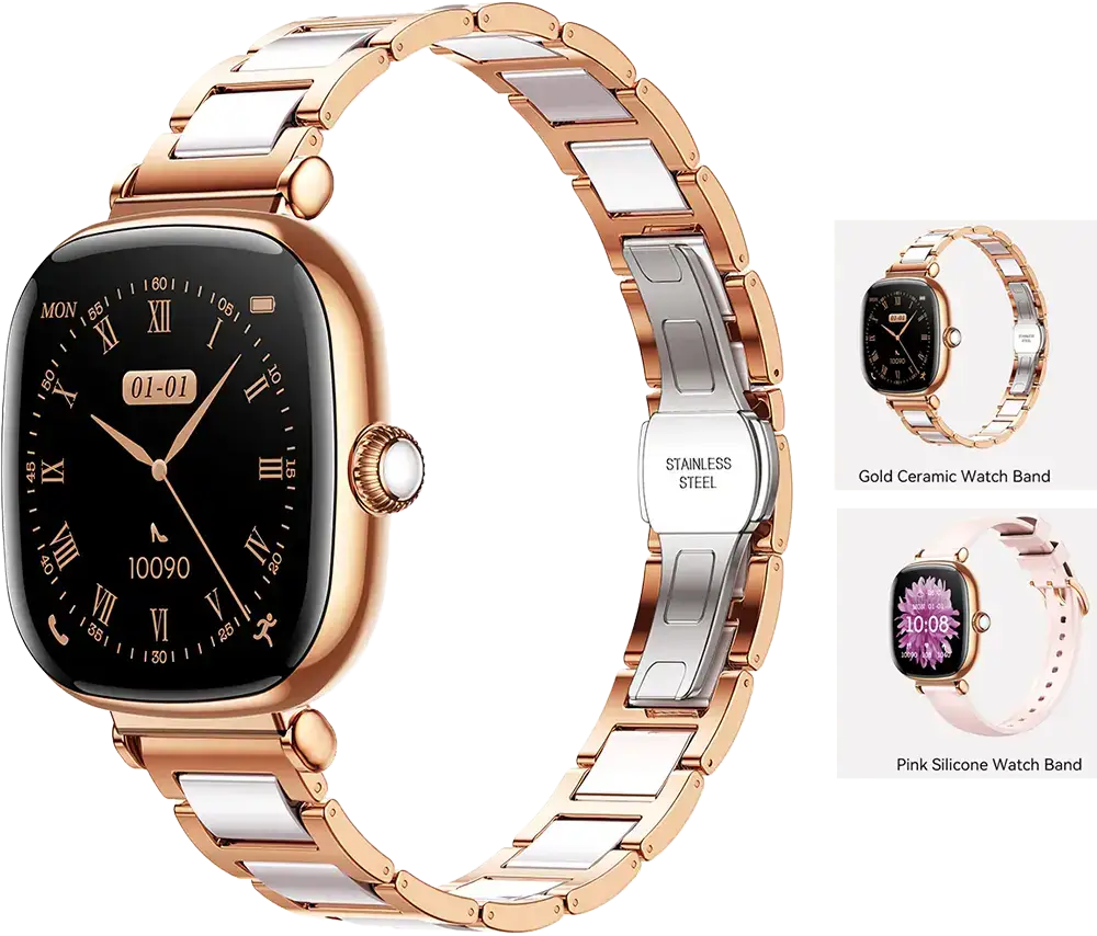 ساعة جوي روم الذكية للنساء، بلوتوث 5.4، شاشة لمس أموليد 1.7 بوصة، مقاومة للماء، بطارية 170 مللي أمبير، ذهبي، JR-FS1
