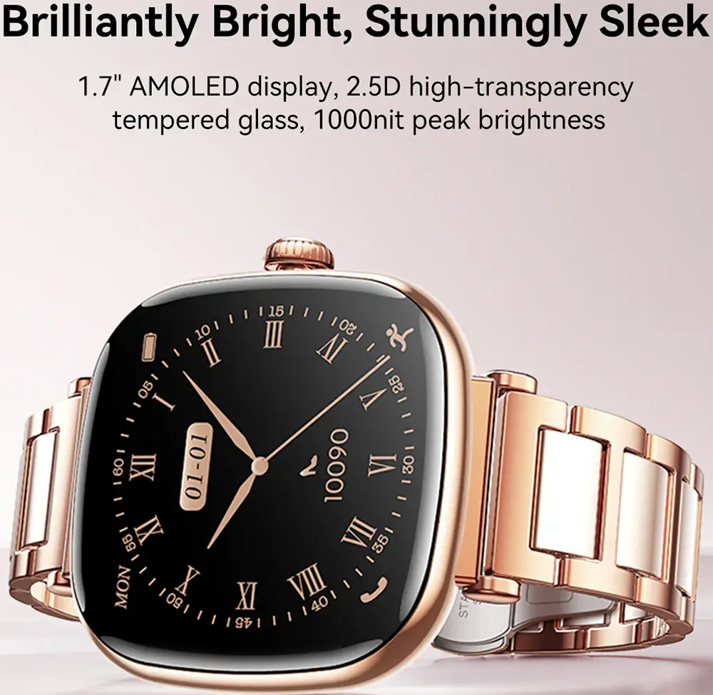 ساعة جوي روم الذكية للنساء، بلوتوث 5.4، شاشة لمس أموليد 1.7 بوصة، مقاومة للماء، بطارية 170 مللي أمبير، ذهبي، JR-FS1