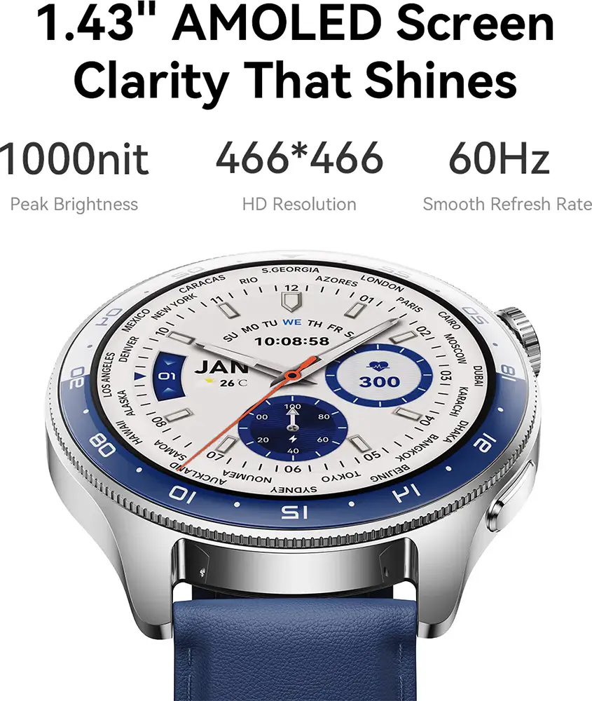 ساعة جوي روم كلاسيك الذكية، بلوتوث 5.4، شاشة لمس أموليد 1.43 بوصة، مقاومة للماء، حزام جلد، بطارية 300 مللي أمبير، أزرق، JR-FC3