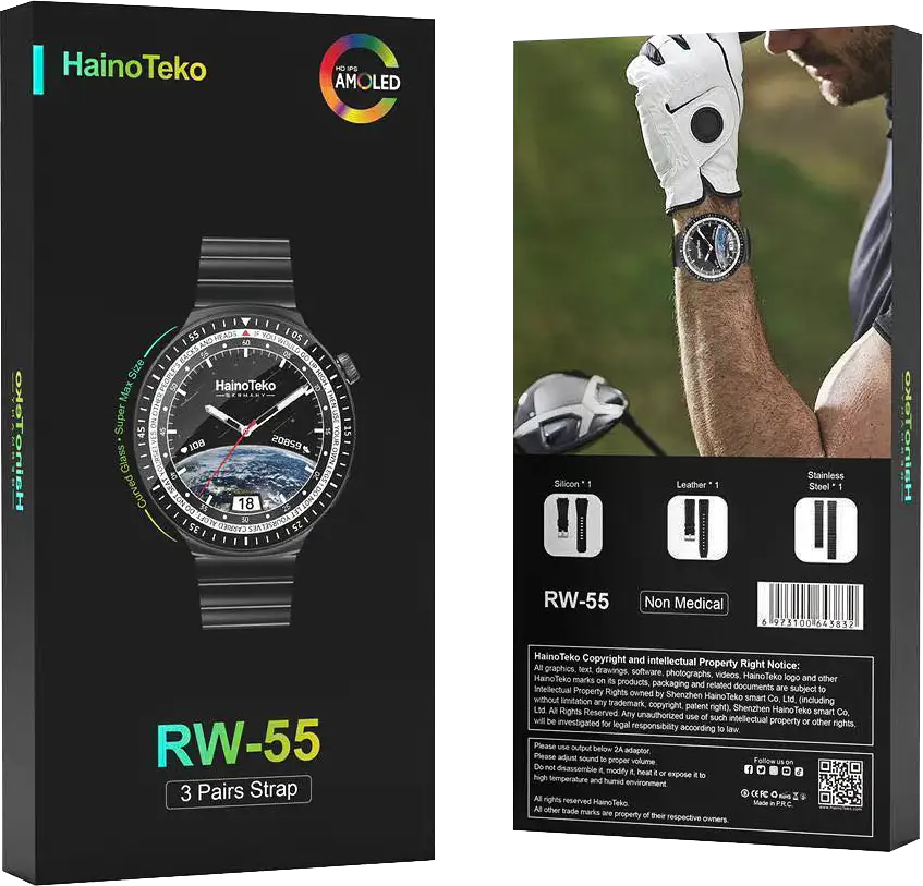 ساعة هاينو تيكو الذكية، شاشة AMOLED مقاس 1.43 بوصة، مقاومة للماء، 3 أحزمة، ألوان متعددة، RW-55