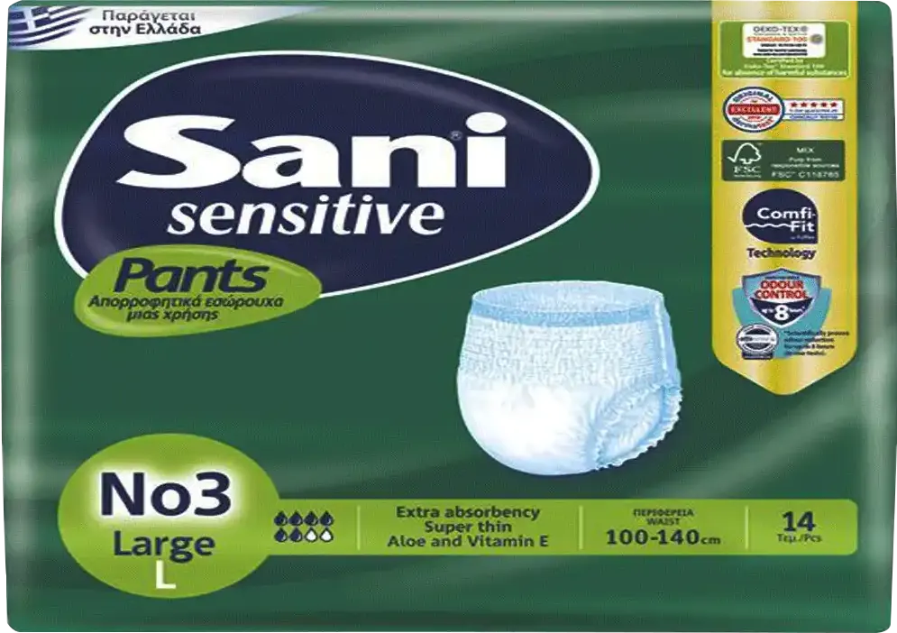 حفاضات ساني سينسيتيف شورت لكبار السن، مقاس لارج رقم 3، 100-140 سم، 14 قطعة