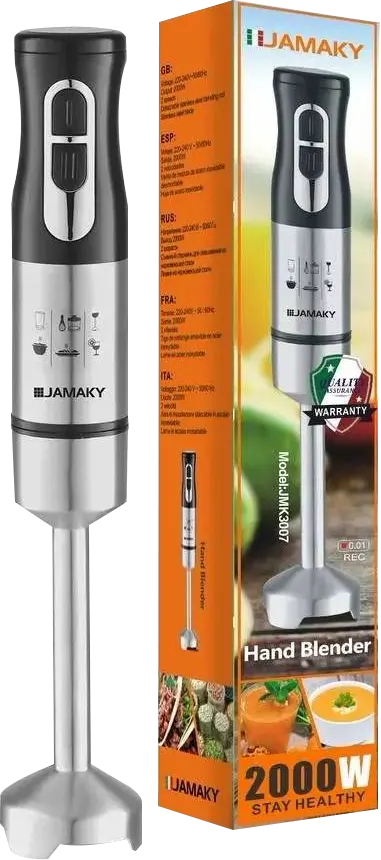 Jamaky Hand Blender, 2000 Watts, 2 Speeds, 2 Stainless Steel Blades, Black * Silver, JMK3007