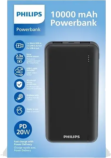 Philips Power Bank, 10,000 mAh, 20 watts, 2 USB-A ports, 1 Type-C port, Black, DLP1812PB