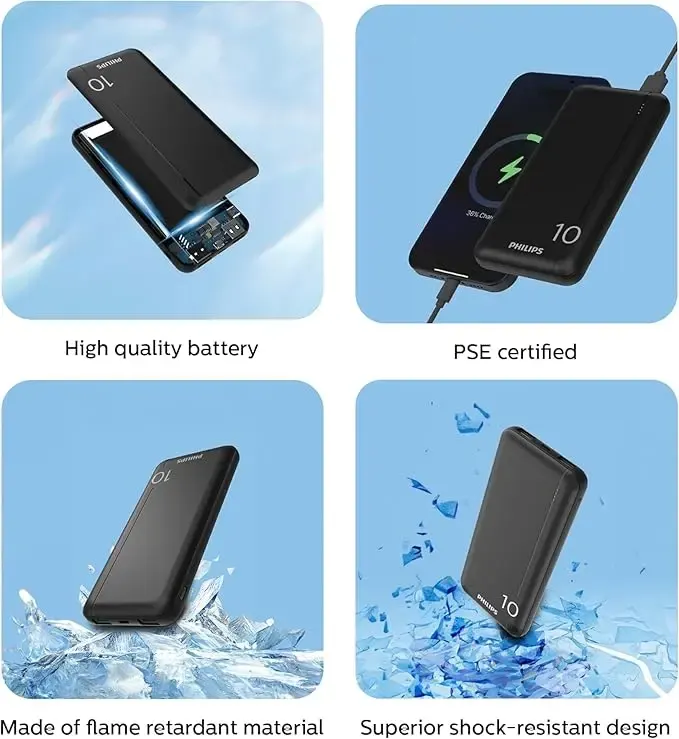Philips Power Bank, 10,000 mAh, 20 watts, 2 USB-A ports, 1 Type-C port, Black, DLP1812PB