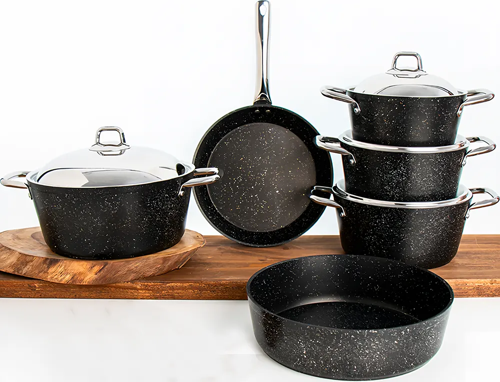 طقم حلل جيرانيت سافلون 10 قطع، دائري الشكل، يد ستانلس، اسود