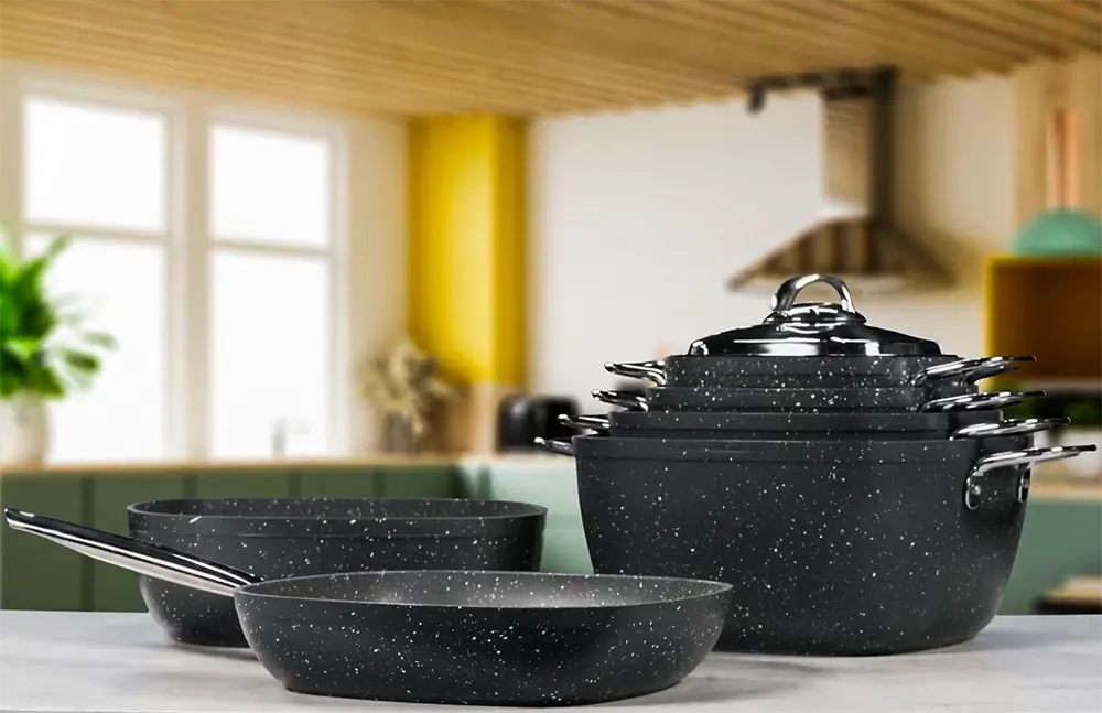 طقم حلل جيرانيت سافلون 10 قطع، دائري الشكل، يد ستانلس، اسود