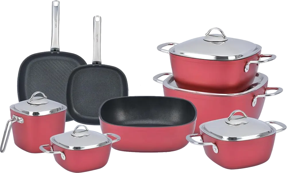 Saflon Titanium Cookware Set, 13 Pieces, Square Shape, Stainless Steel Handles, Red