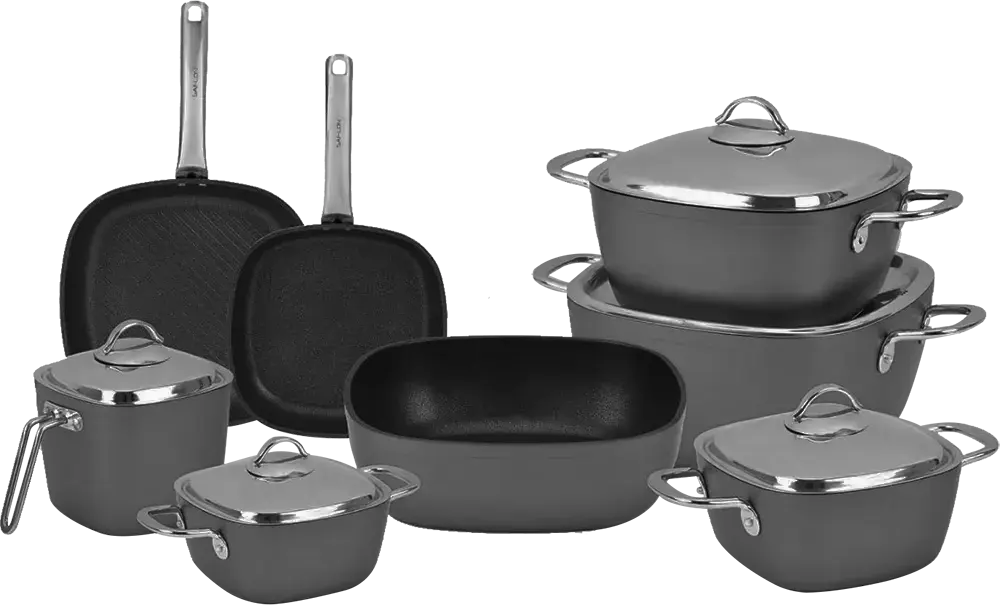 طقم حلل تيتانيوم سافلون ، 13 قطع ، مربع الشكل، يد ستانلس ستيل، رمادي