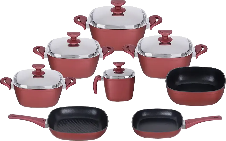 طقم حلل تيتانيوم سافلون، 13 قطعة، مربع الشكل، بيد عازلة، لون أحمر