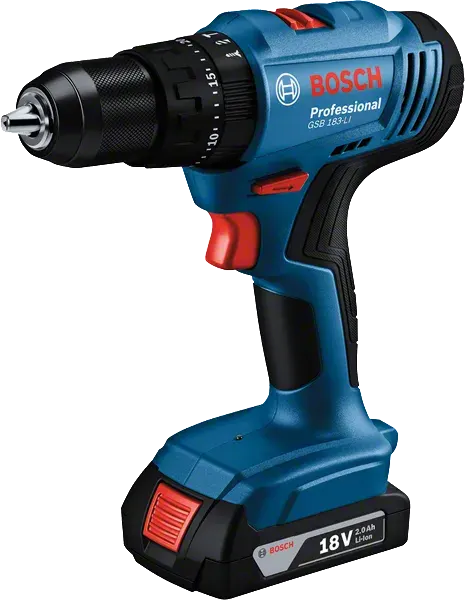Bosch drill, with 18V lithium-ion battery, charger, 43-piece accessories, and Bosch case, GSB 183-LI