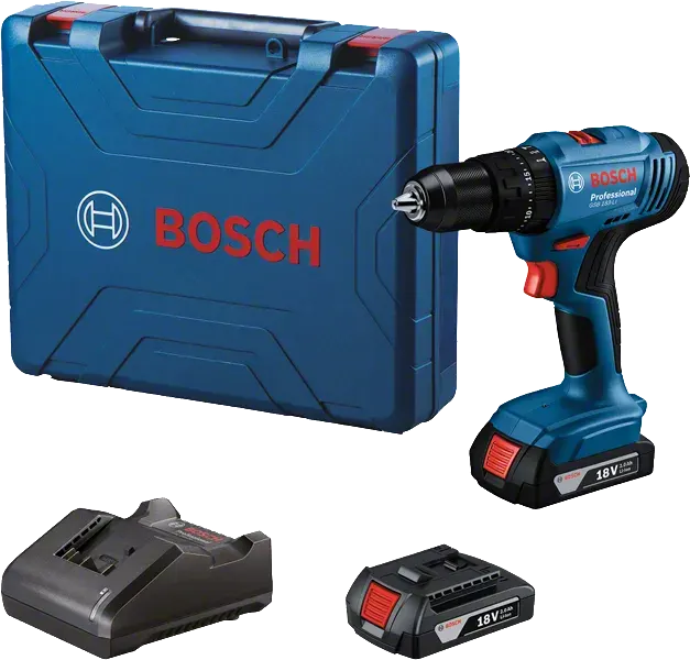 Bosch drill, with 18V lithium-ion battery, charger, 43-piece accessories, and Bosch case, GSB 183-LI