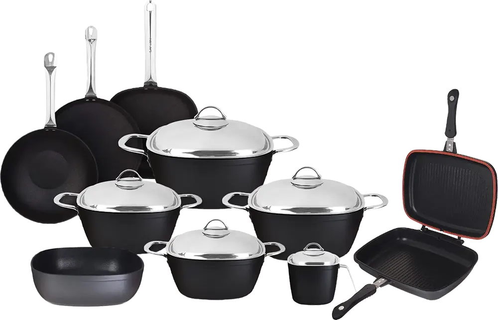 Saflon Titanium Cookware Set, 15-piece, Square Shape, Steel Handle, Black Color