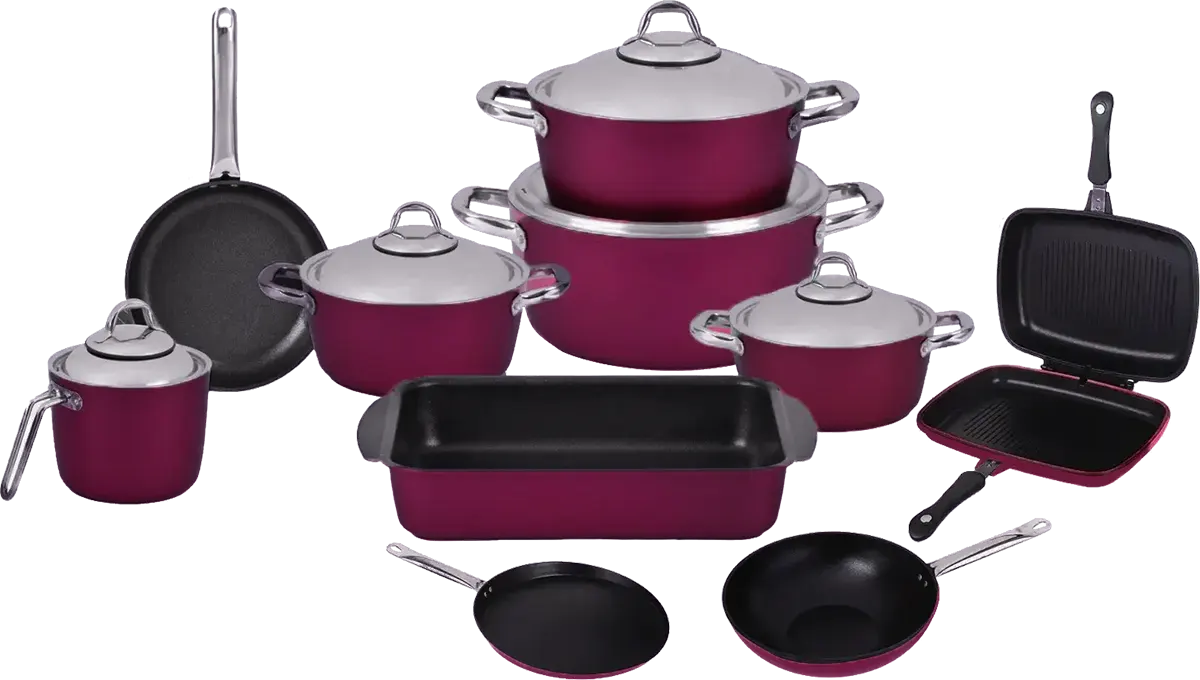 Saflon Titanium Cookware Set, 15-Piece, Round Shape, Stainless Steel Handles, Burgundy Color