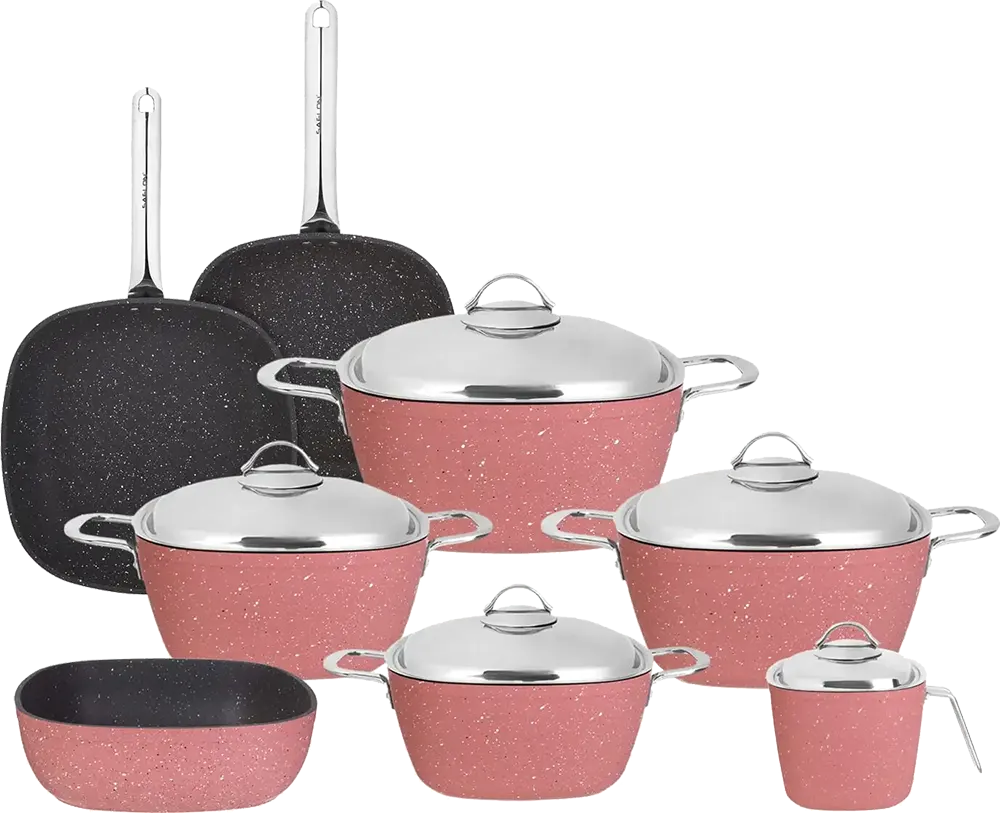 طقم حلل جرانيت سافلون 13 قطعة، شكل دائري، يد استانلس، لون روز