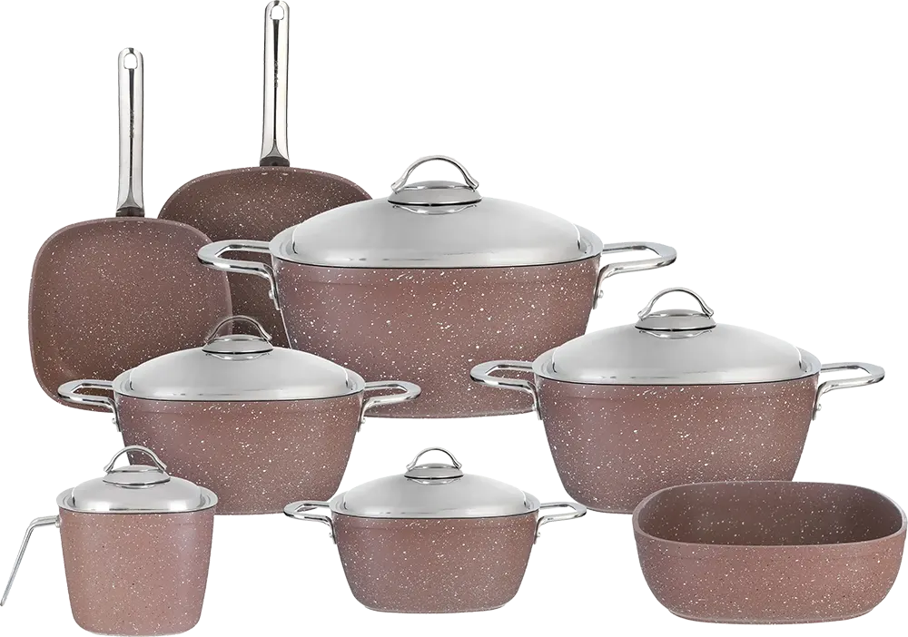 Saflon Granite Cookware Set, 13 Pieces, Round Shape, Stainless Steel Handles, Brown