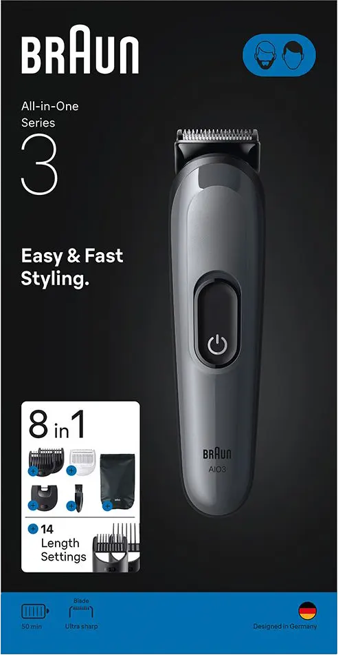 Braun Series 3 8-in-1 Rechargeable Shaver, 50 Minutes Cordless Run Time, Black, AIO 3540