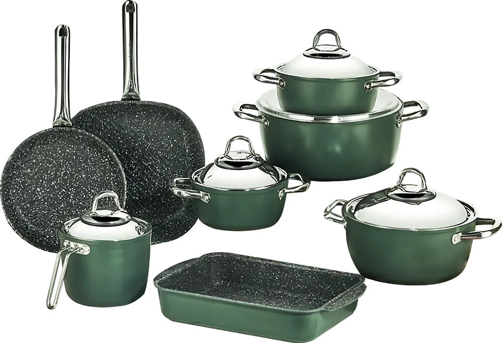 Saflon White Granite Cookware Set, 13 Pieces, Round Shape, Stainless Steel Handles, Green