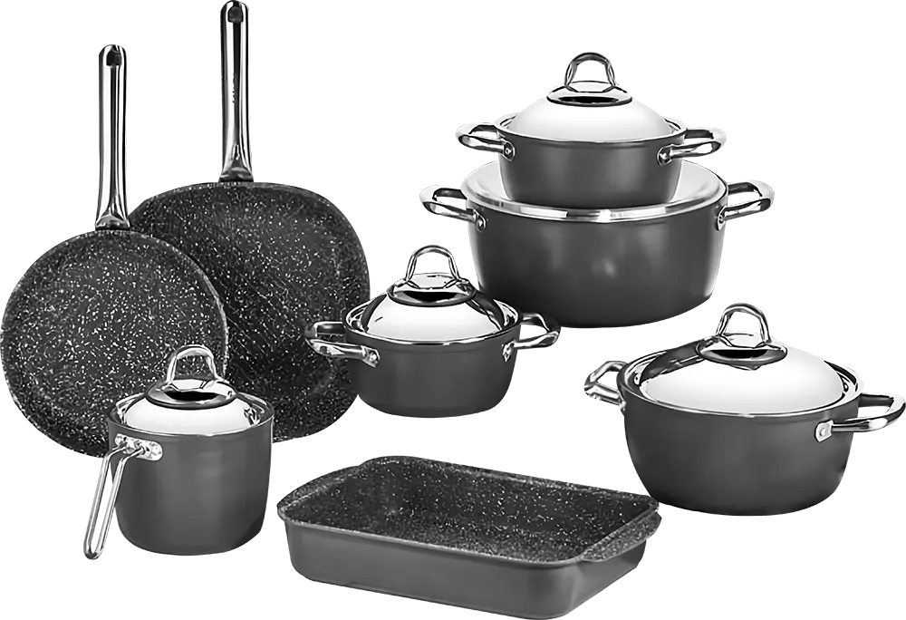 Saflon White Granite Cookware Set, 13 Pieces, Round Shape, Stainless Steel Handles, Gray