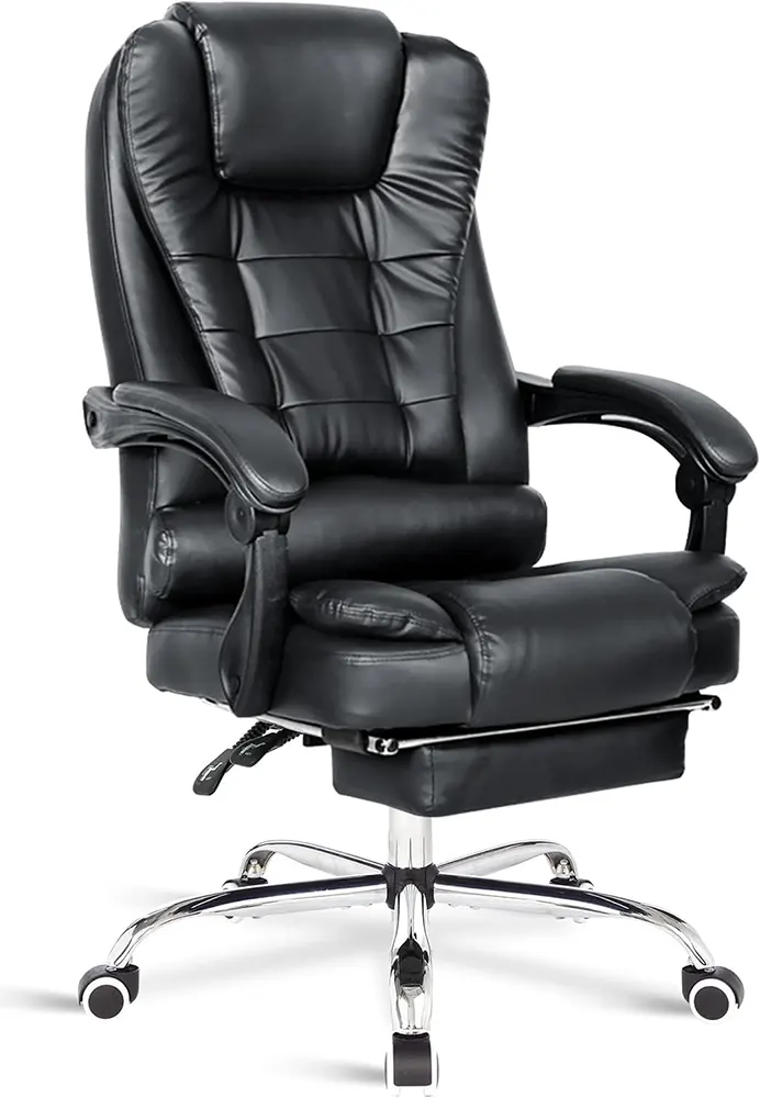Gaming office chair with footrest and lumbar support, adjustable backrest, 360-degree swivel chair, faux leather, black