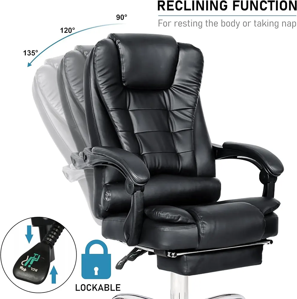 Gaming office chair with footrest and lumbar support, adjustable backrest, 360-degree swivel chair, faux leather, black