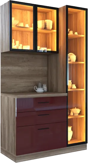 Kitchen coffee corner with lighting, 120 cm, brick-colored aluminum drawers, tinted glass