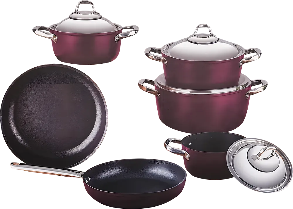Saflon Tefal Cookware Set, 10-Piece, Round Shape, Stainless Steel Handles, Burgundy Color
