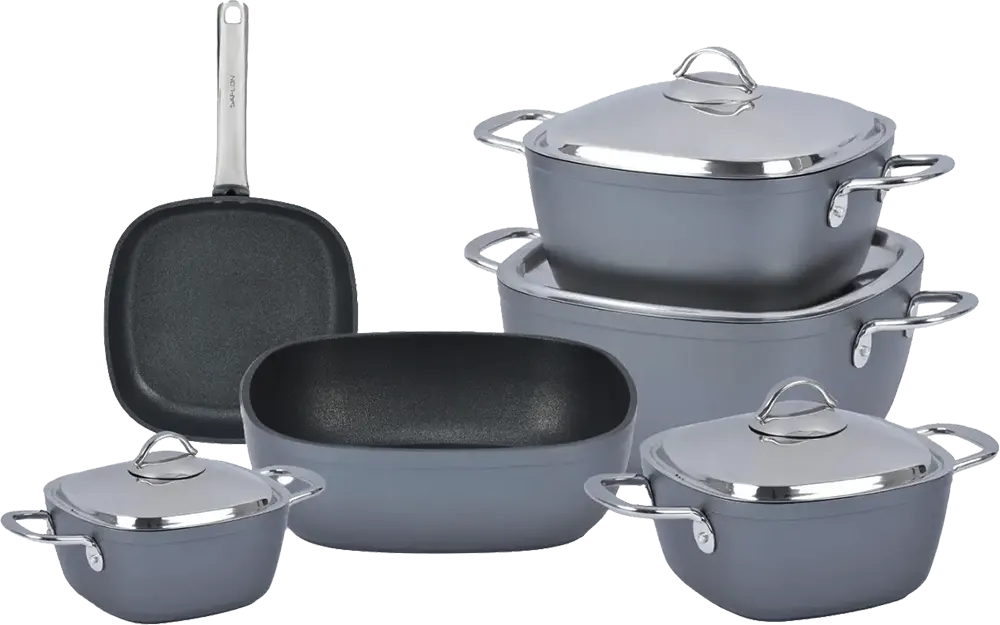Saflon Titanium Cookware Set, 10-Piece, Square Shape, Stainless Steel Handles, Grey Color
