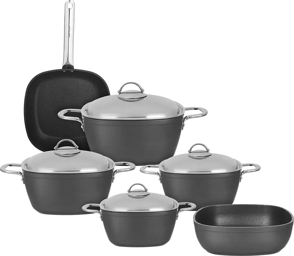 Saflon Titanium Cookware Set, 10-Piece, Square Shape, Stainless Steel Handles, Grey Color