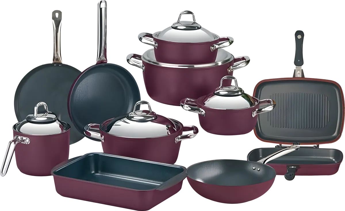 Saflon Tefal Cookware Set, 15-Piece, Round Shape, Stainless Steel Handles, Burgundy Color