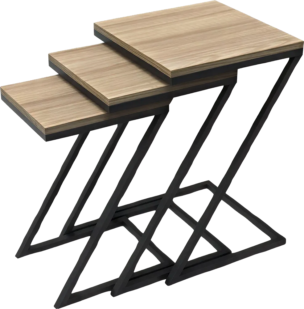 LOTUS 3-piece side table set, black Z-shaped metal body, wooden top, 14118