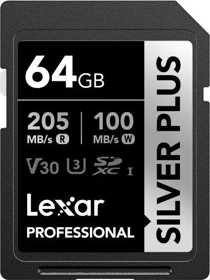 Lexar Professional Silver Plus SD Card, 64GB, SDXC™ UHS-I Type, V30 Rating, Read Speed ​​up to 205MB-s, LSDSIPL064G-BNNNG