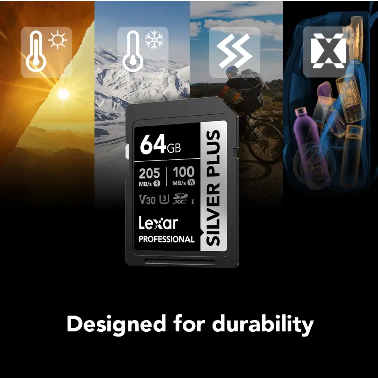 Lexar Professional Silver Plus SD Card, 64GB, SDXC™ UHS-I Type, V30 Rating, Read Speed ​​up to 205MB-s, LSDSIPL064G-BNNNG