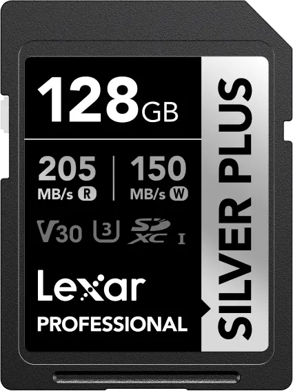 Lexar Professional Silver Plus SD Card, 128GB, SDXC™ UHS-I Type, V30 Rating, Read Speed ​​up to 205MB-s, LSDSIPL128G-BNNNG