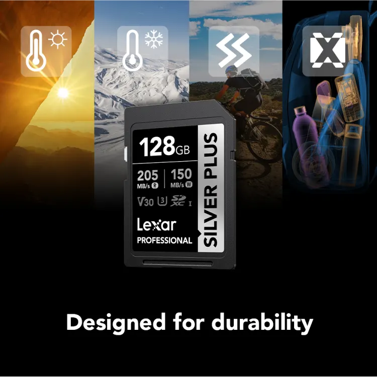 Lexar Professional Silver Plus SD Card, 128GB, SDXC™ UHS-I Type, V30 Rating, Read Speed ​​up to 205MB-s, LSDSIPL128G-BNNNG
